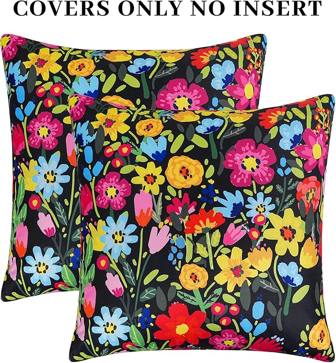 Adabana Spring Outdoor Waterproof Floral Pillow Covers Set of 2 Square Colorful Couch Cushion Cases 18x18 Inch Waterproof Decorative Pillows for Patio Garden Beach,Black