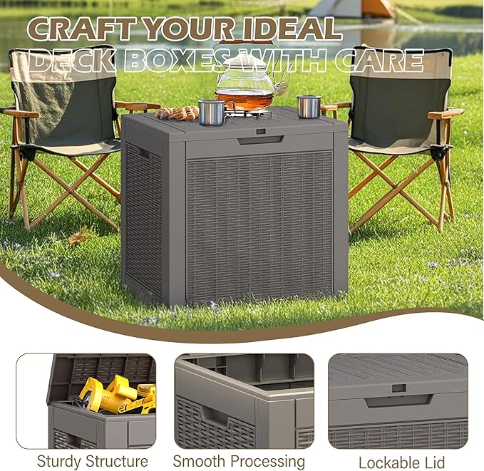 Outdoor Storage Box, 30 Gallon Deck Box with Lockable Lid, Waterproof Resin Storage Bin for Patio Furniture, Garden Tools, Cushions, Grey