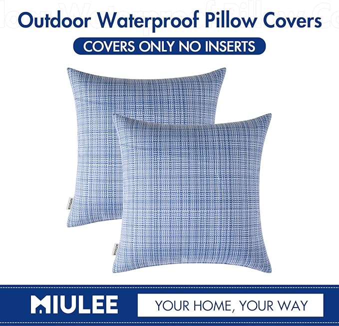 MIULEE Outdoor Waterproof Throw Pillow Covers Decorative Farmhouse Water Resistant Cushion Covers for Tent Patio Garden Couch Sofa Pack of 2, 16x16 Inch Light Blue