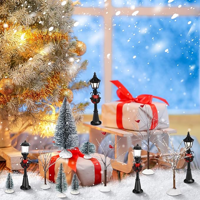 Hotop 18pc Christmas Village Accessories 47.2 Inch Village Roads Mini Snowy Trees Streets Light Lamppost Hedge Figurines Set for Display Winter Holiday Decorations DIY Crafts No Batteries(Cute)