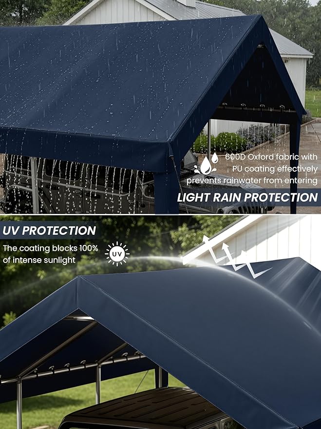 10 x 20 Ft Carport Replacement Cover, Heavy Duty Outdoor Car Tarp Canopy, Waterproof & UV Protected Tear Oxford Tarp with Ball Bungees (Frame is Not Included)