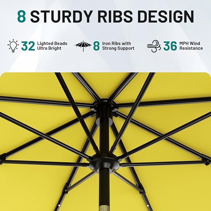 AreShark 11FT Large Patio Umbrella with Solar Lights, Lighted Solar Umbrella with Crank, Outdoor Table Market Umbrellas for Garden, Deck, Backyard, Pool and Beach, Yellow