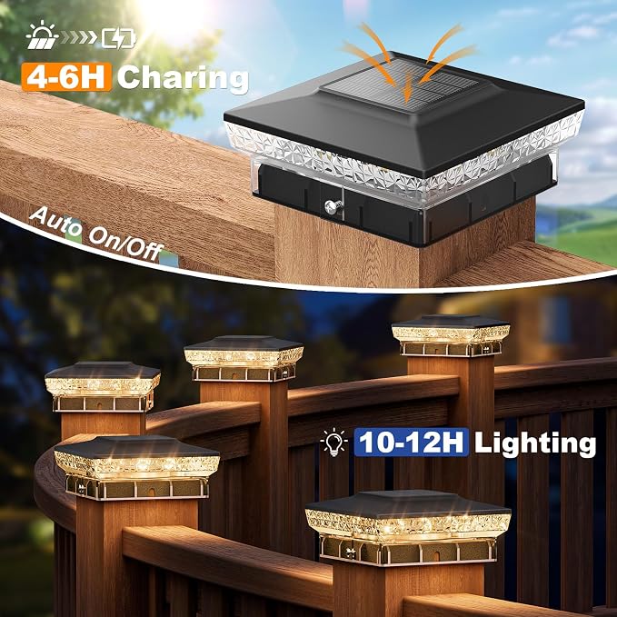 APONUO Solar Post Cap Lights for 4x4 Wood &Vinyl Posts, 3 Light Modes & 800mAh Battery, IP65 Waterproof Rugged Unibody, Solar Outdoor Lights for Fence, Deck & Patio (Black, 16 Pack)