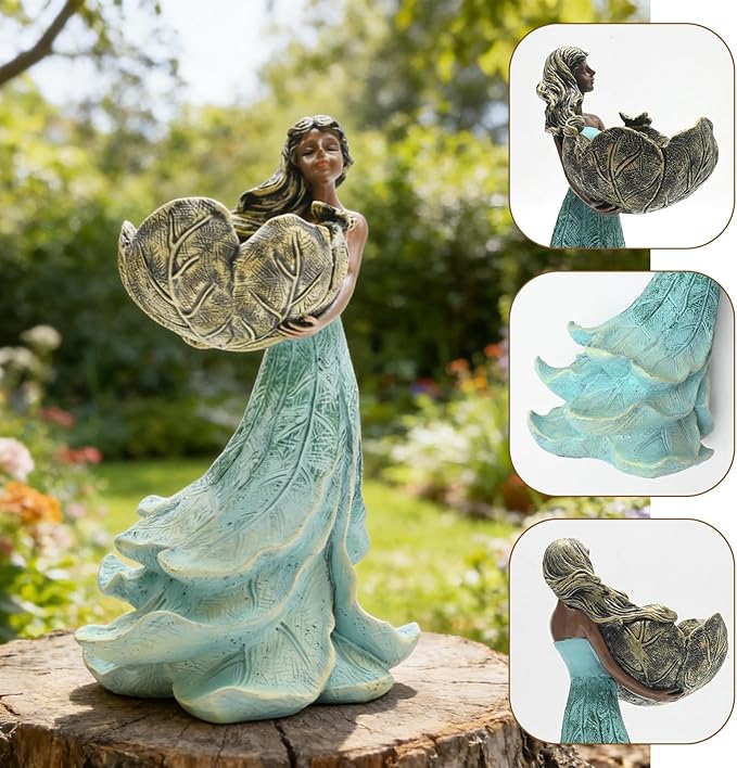 Resin Fairy Statue Bird Feeder 9.4 Inch Tall for Garden Decor, Doubles as a Decorative Birdbath or Water Feature, Ideal for Fairy Gardens, Cottagecore Themes & Porch Decor