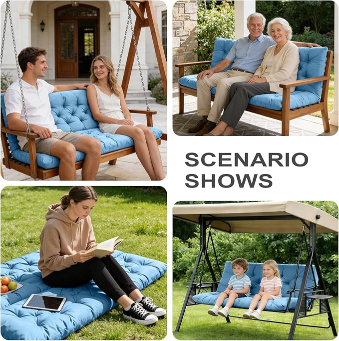 Porch Swing Cushions,Outdoor Cushions 3 Seater Replacement with Backrest, Waterproof Thickened Bench Cushion with Ties for Porch, Patio,Outdoor, Backyard and Garden (Sky Blue 60 * 40 in)