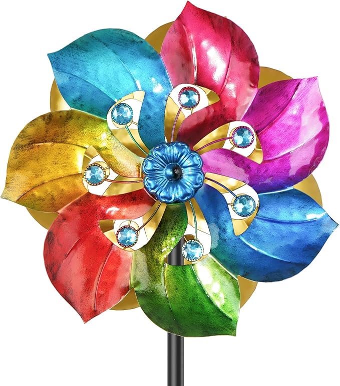 Double Sided Wind Spinner Outdoor Metal Wind Sculpture with Adjustable Height Pole & 5 Prong Base, Rainbow Floral Kinetic Wind Art Decor for Yard Garden Lawn Patio Outside Decoration