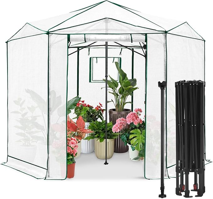 EAGLE PEAK 8.5x8.5 Portable Walk in Greenhouse, Pop Up Indoor Outdoor Greenhouse, Green House Kit with Zippered Roll-Up Doors and Windows, Hexagon Design, PE Cover, Clear/White