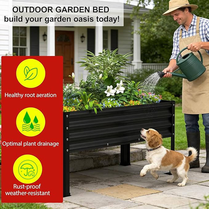 Large Galvanized Raised Garden Bed Outdoor with Legs, Load Capacity 1200LB, 48x26x30in Raised Garden Bed, for Backyard/Patio/Balcony/Gardening/Vegetables Flowers, Black