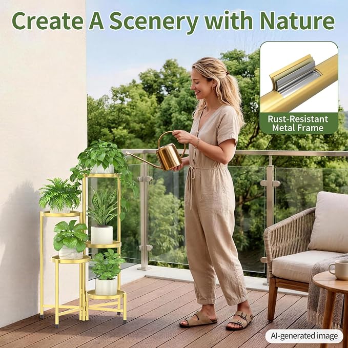 LASZOLA 5 Tier Large Plant Stand Indoor Tall with 10 Inch Metal Tray, Corner Folding Flower Display Rack, Modern Plant Holder Shelf for Outdoor Patio Porch Garden Office Living Room, Gold