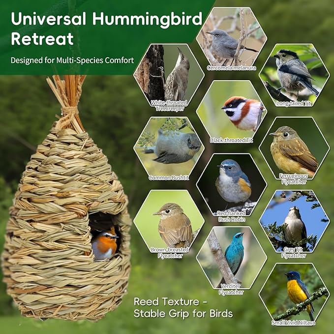 Gute Hummingbird Houses for Outside Hanging, Natural Grass Hanging Bird Hut, Hand Woven Hummingbird Nest, Large Wren Finch Bird House for Garden Window Outdoor Home Decoration, Set of 2