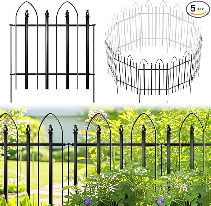 Thealyn Garden Fence 24" H x 24" W (5 Panels, Total 10 ft), Metal Fence Decorative Border Fence, Rustproof Landscape Fencing for Dog, Flower Bed, Yard, Patio, Animal Barrier