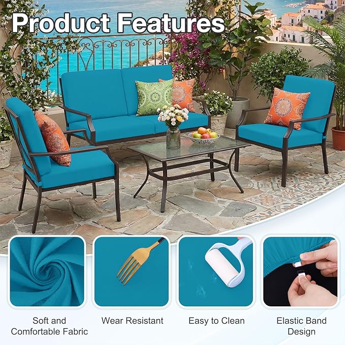 hyha Waterproof Outdoor Cushion Covers for Patio Furniture, Stretch Patio Chair Cushion Slipcovers, Coated UV Resistant Replacement Seat Covers, Solid Color (Teal, 8PC)