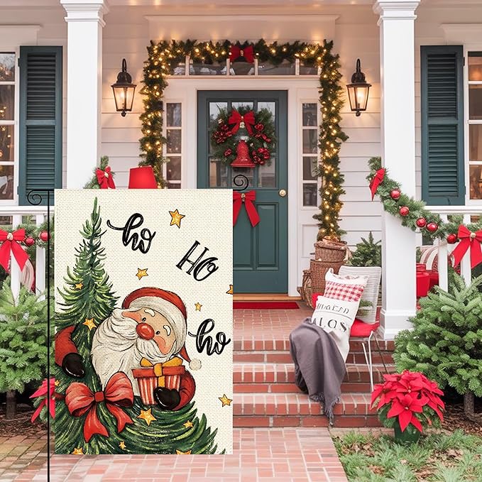 Christmas Tree Santa Claus Welcome Garden Flag 12x18 Inch Double Sided, Xmas Holiday Winter Burlap Small Yard Flag Farmhouse Flags Seasonal Patio Outdoor Outside Decoration