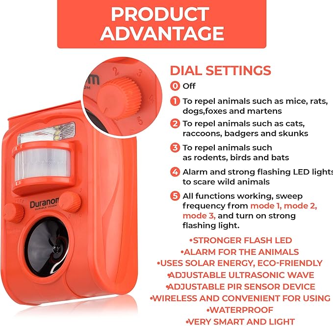 DURANOM Solar Animal Repeller – Ultrasonic & Strobe Motion Sensor Deterrent for Deer, Raccoons, Cats, Dogs – Outdoor Garden Protection, Solar Powered & USB Rechargeable