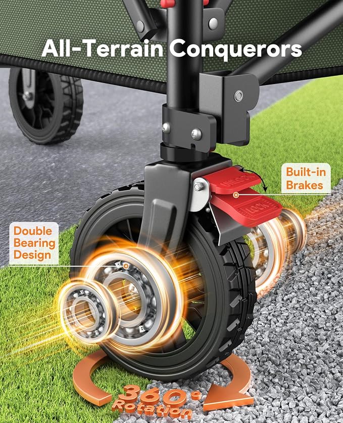 Raynesys Collapsible Foldable Wagons, 440lbs Weight Capacity Beach Wagon with All-Terrain Wheels, Heavy Duty Foldable Wagon, Utility Wagons Carts with Brakes for Camping,Sports,Shopping,Grocery, Green
