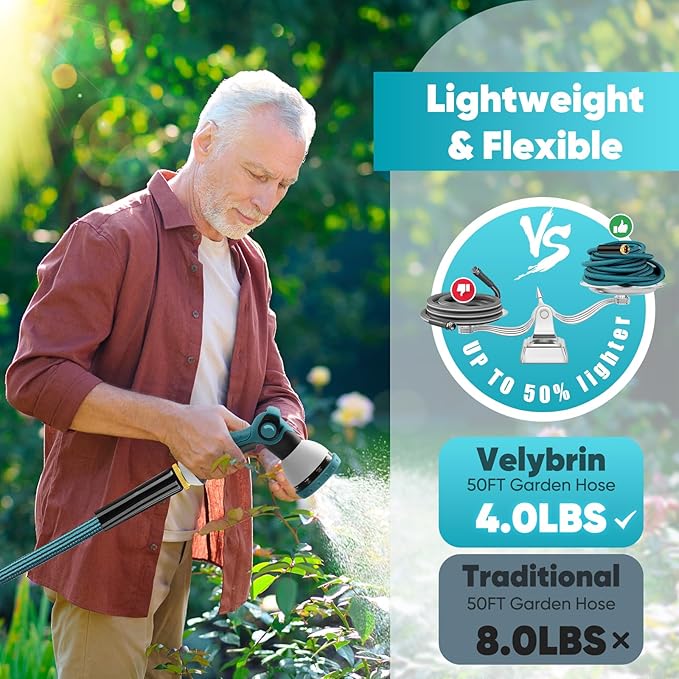 Garden Hose 50ft, Non-Expanding Water Hose Ultra Lightweight, Kink-Free, Sturdy, Flexible, Abrasion Resistant Hose for Yard, Lawn, Outdoor, Marine and Camper