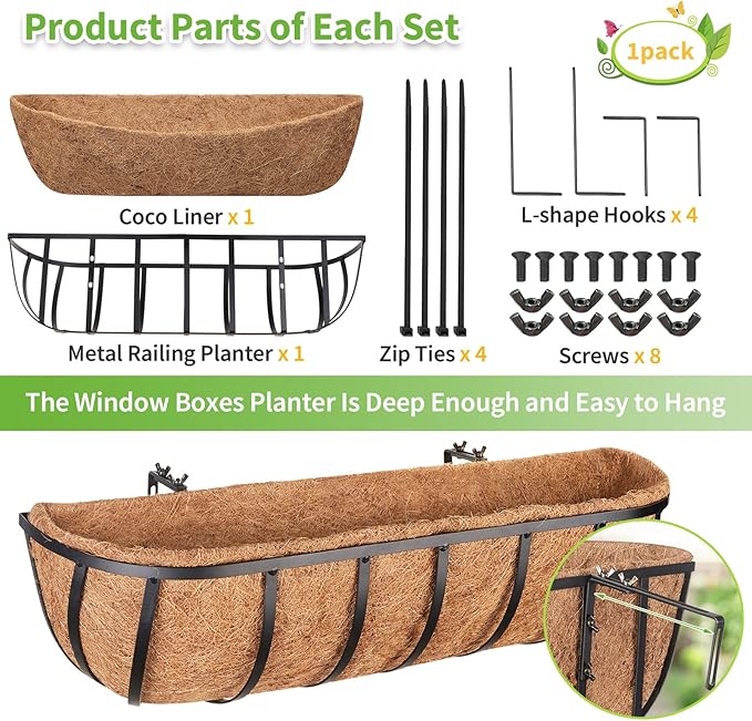 Legigo 4 Pack 24 Inch Window Boxes Railing Planter Box with Coconut Liner, Balcony Railing Planter Horse Trough Deck Window Planters, Metal Railing Hanging Flower Baskets for Outdoor Porch Fence Patio
