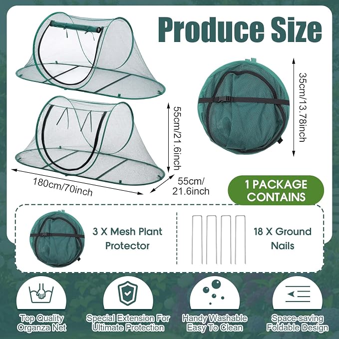 Threehoney 3 Pcs 70" x 24" x 24" Large Pop up Garden Mesh Plant Cover Adjustable Plant Netting Cover Vegetable Mesh Protector Net Cage Guard with 18 Ground Nails for Protecting Vegetables Fruits