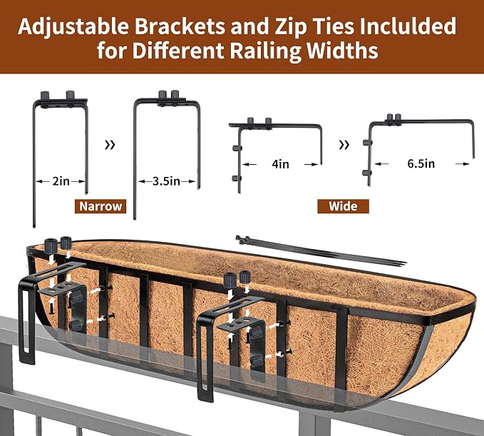 Y&M 24 Inch Railing Planter Boxes 2Pack, 2-in-1 Window Box and Deck Railing Planters with Coco Liners, Heavy Duty Metal Flower Troughs with Adjustable Brackets for Balcony, Patio and Garden