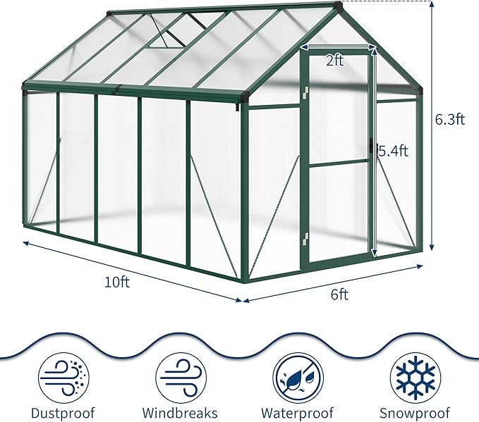 IDEALHOUSE 6×10 FT Greenhouse, Large Walk in Greenhouses for Outdoors and Garden Planting, Polycarbonate Greenhouse with Enhanced Aluminum Frame, Green Houses with Quick Setup Structure and Roof Vent
