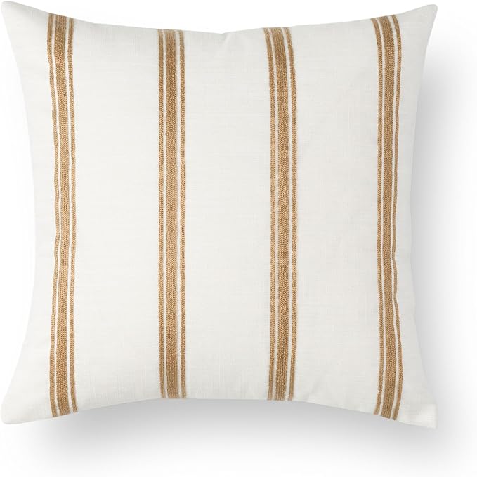 Crumbs Home Modern Farmhouse Fall Linen Indoor Outdoor Throw Pillow Cover Only, 20"x20" Water Repellent for Patio, Backyard, Couch, Neutral Ivory Cream Embroidered Stripes