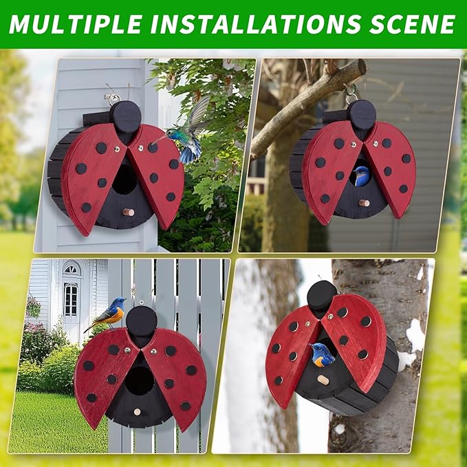 NATUREYLWL Bird Houses for Outside - Wooden Hanging Bird House - Ladybug-Shaped Birdhouse for Finches, Wrens, Cardinals - Outdoors Bluebird Nesting Box - Cute Garden Decor for Wild Birds