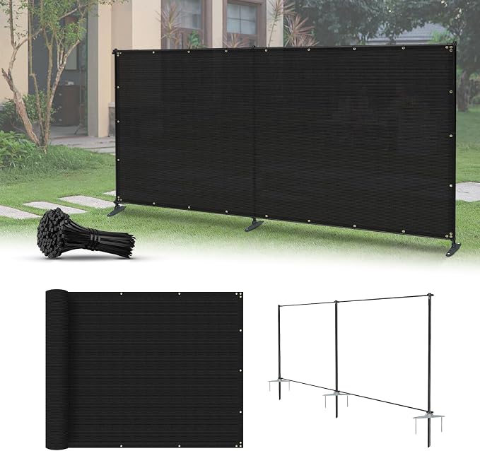 5'x10' Privacy Fence Kit Freestanding Mesh Screen with Iron Poles Temporary Fencing Outdoor Patio Backyard Divider Dog Air Conditioner Trash Fence Black Custom