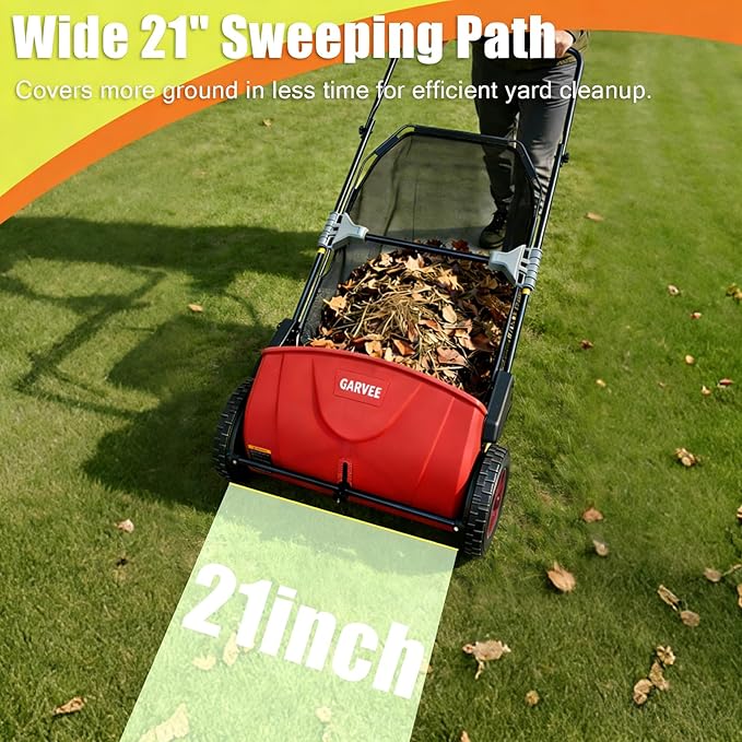Garvee Push Lawn Sweeper 21-Inch Manual, Leaf Sweeper for Yard & Lawn with 3.5 Cu. Ft. Hopper Bag, Height-Adjustable Brushes for Driveways & Grass, Space-Saving Foldable Design