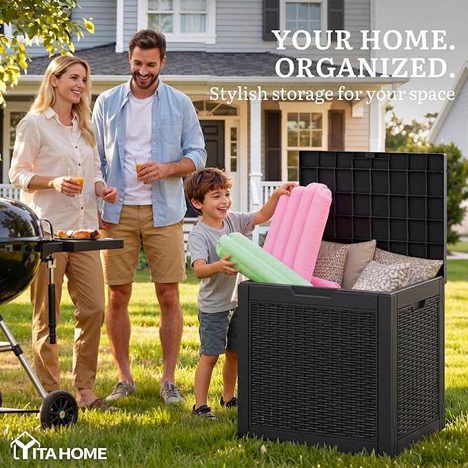 YITAHOME 35 Gallon Outdoor Deck Box, Lockable Waterproof Storage Box, Resin Storage Bin for Patio Cushions, Gardening Tools, UV Resistant, Black