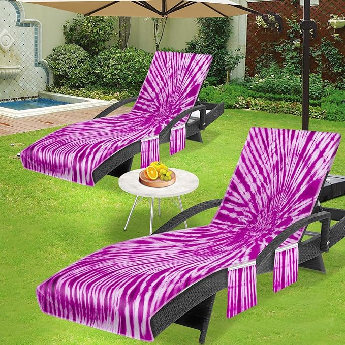Lounge Chair Towel Cover, Tie Dye Style Chaise Lounge Cover(Pack of 2), Beach Chair Covers with Pockets for Pool Sunbathing Beach Garden Courtyard Outdoor Trips, 85 x30 in, Purple