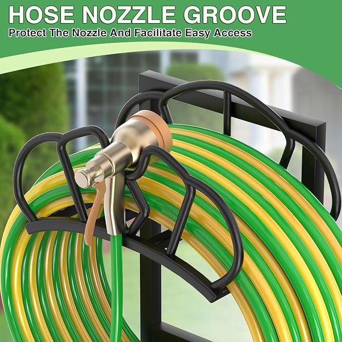 Qatsrin Garden Hose Holder with Faucet, Super Stable Water Hose Holder Stand Holds 160-Feet Hoses, Freestanding Detachable Hose Storage Hanger Reels Rack for Yard Lawn Farm