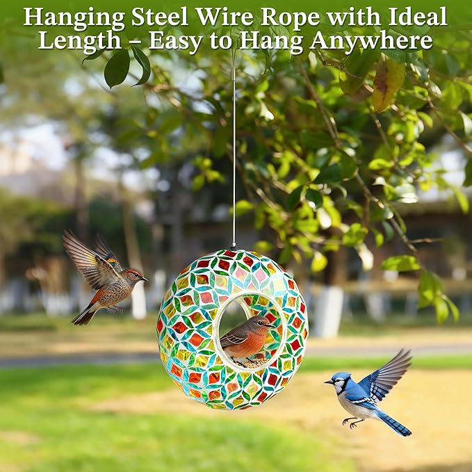 SAVENNA Mosaic Glass Hanging Bird Feeder, 8 Inch Handcrafted Outdoor Feeder with Steel Wire Rope, Decorative Garden & Patio Feeder for Wild Birds, Colorful Abstract Mosaic Design
