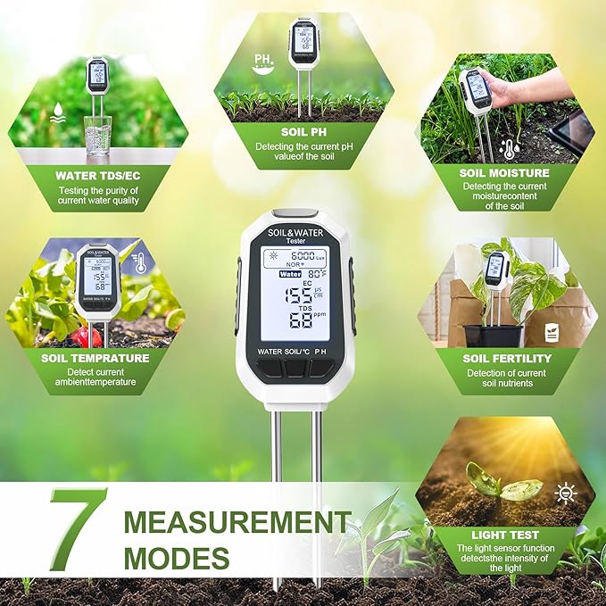 Soil Moisture Meter, 7-in-1 Digital Plant Water&Soil with EC/TDS/Fertility/PH/Temp/Mois/Sunlight Intensity Backlight LCD Display Soil Test Meter for Gardening, Farming and Outdoor Plants