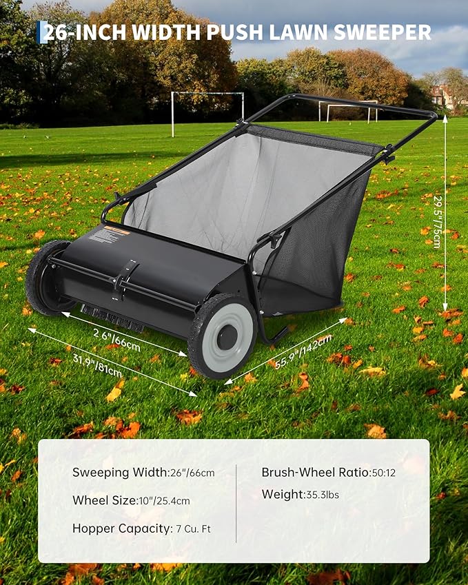 Heavy-Duty 26-Inch Hand-Push Lawn Sweeper with 7 Cu.ft. Collection Bag & Adjustable Brush Reel - Ideal for Picking Up Grass, Leaves, and Yard Debris on Any Terrain