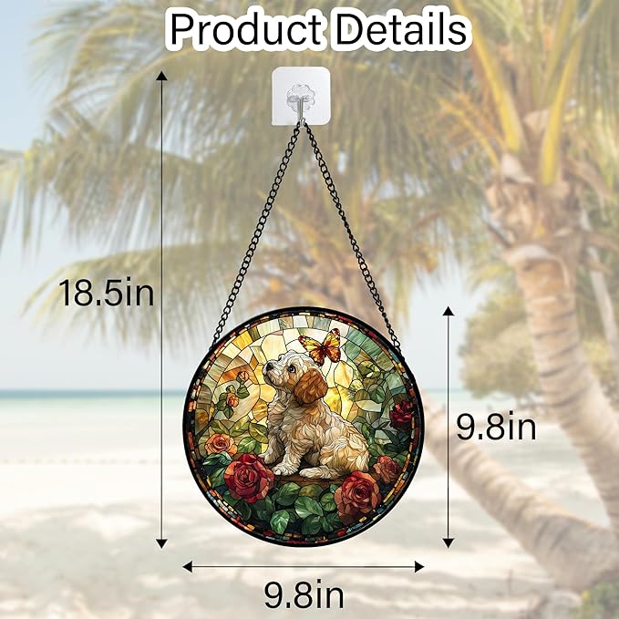 DASTOLL Stained Glass Window Hanging, Cute Dog and Flowers Suncatcher for Doors Home Butterfly Sun Catchers Decoration and Christmas, Mother's Day Birthday Gifts for Women, Men, and Mom 9.8 in
