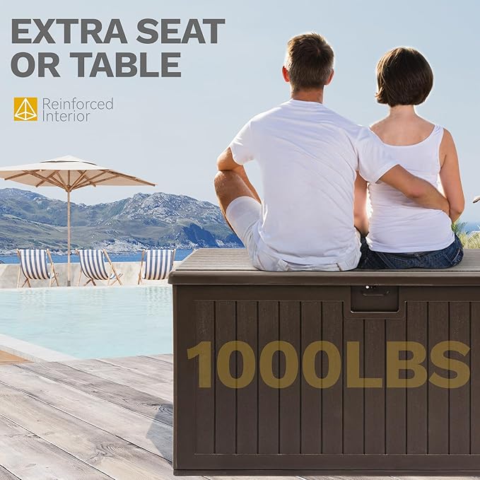 DWVO 150 Gallon Double-Wall Deck Box, XL Large Resin Outdoor Storage Box, Lockable & Waterproof, Double as Seating, 1000lbs Capacity (Brown)