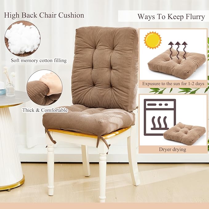 Juexica 4 Set Outdoor Patio Chair Cushions Corduroy Seat High Back Tufted Pillow Replacement Rocking Chair Cushions Patio Chair Pads for Autumn Winter Seasonal Indoor Home Office (Khaki)