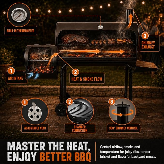 Realcook Charcoal Grill with Offset Smoker: Spacious Barrel Charcoal Grills with 800 Sq. In. Cooking Space - BBQ Offset Smoker Combo for Backyard Parties Weekend Barbecues Gatherings