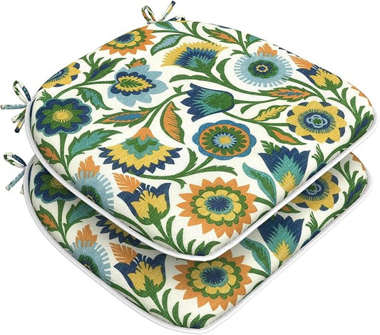DYTXIII Set of 2 Outdoor Chair Cushions with Ties, Water Repellent Patio Chair Pads 17"x 16" for Outdoor Furniture, Round Corner Seat Cushions for Garden Yard Kitchen Fiesta Floral