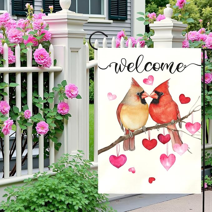 Welcome Valentine's Day Garden Flag Cardinal Love Heart Vertical Polyester Double Sided Yard Flags Holiday Anniversary Wedding Red Birds House Banner Farmhouse Valentines Day Decor 12x18 Inch