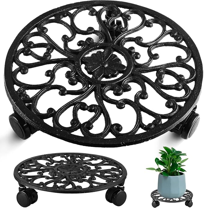 11 Inch Rolling Plant Stand with Wheels Wrought Iron Rolling Plant Stand with Casters Heavy Duty for Indoor Plants Rollers Base Metal Round Plant Dolly withWheels 1 Pack