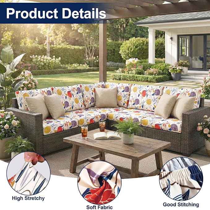 Smiry Waterproof Patio Cushion Covers, Stretch Outdoor Couch Slipcovers Replacement Washable Furniture Protector Sofa Chair Seat Cover for Dogs and Pets (4 Pcs, Orange)