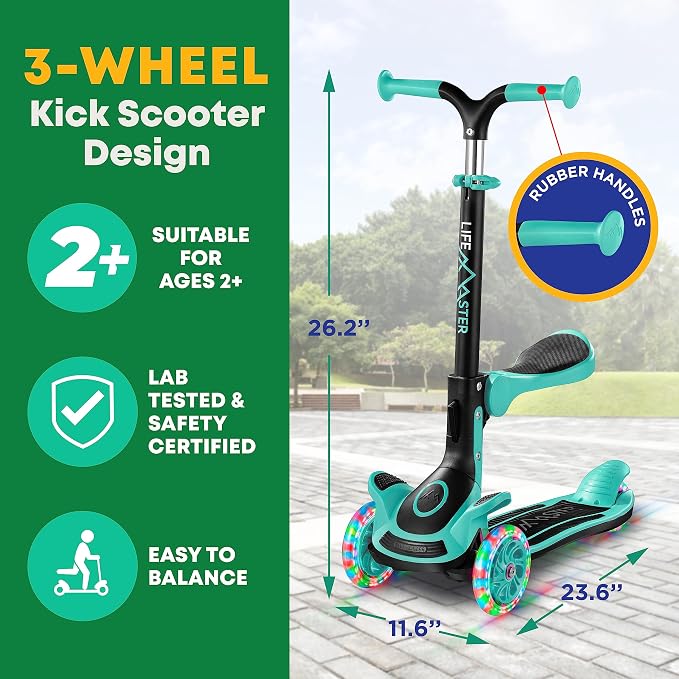 3 Wheel Scooter for Kids with Foldable Seat, Adjustable Handlebar Height, Lean-to-Steer Ride On Toy for Kids Ages 2+, Light-Up LED Wheels, Wide Anti Slip Deck, Indoor & Outdoor Use