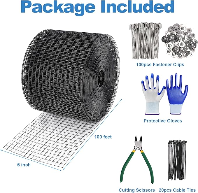 INCIKITI Critter Guard for Solar Panel Bird-Guard 6in x 100ft PVC Coated Pigeon Netting 1/2" Bird Mesh with 100 Fastener Clips, 20 Tie Wire, Cutting Scissor, Gloves, Pigeon Solar Panel Mesh for Bird