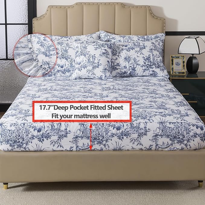 FADFAY Toile Sheet Set Full Classic Blue & White 100% Egyptian Cotton French Country Bedding Toile de Jouy Pastoral Scenic Farmhouse Bedding Deep Pocket Sheets Breathable Soft for All Seasons 4Pcs