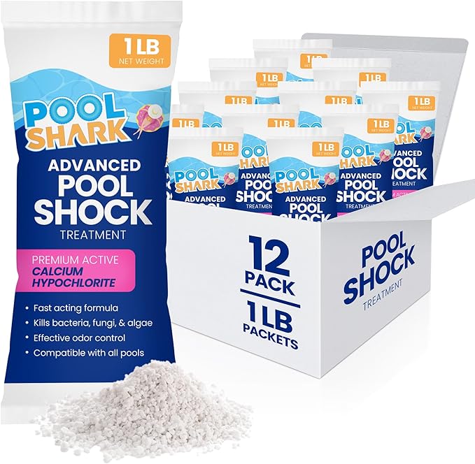 POOL SHARK 68% Calcium Hypochlorite Pool Shock | 1lb (12 Pack) Bags Chlorine Granules | Pool Shock Treatment for Swimming Pools | Inground & Above Ground Pool Cleaning, Fast-Acting Chlorine Shock