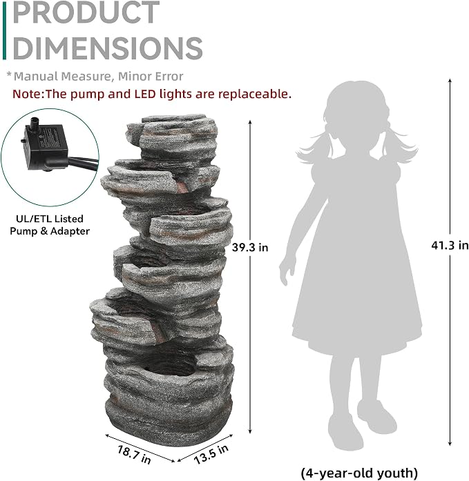 AUTODAYA 6-Tier Rock Outdoor Water Fountain, 40in Tall Oversized Fountains for Outside, Relaxing Cascading Waterfall for Tranquil Outdoor Garden Patio Garden Backyard Oasis