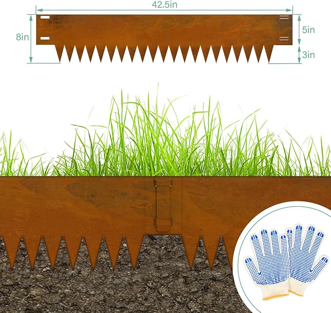 Cor Ten Steel Landscape Edging, 8Hx40L-Inch, 6-Pack Edging with 6 Clips and Gloves, Pre-Rusted