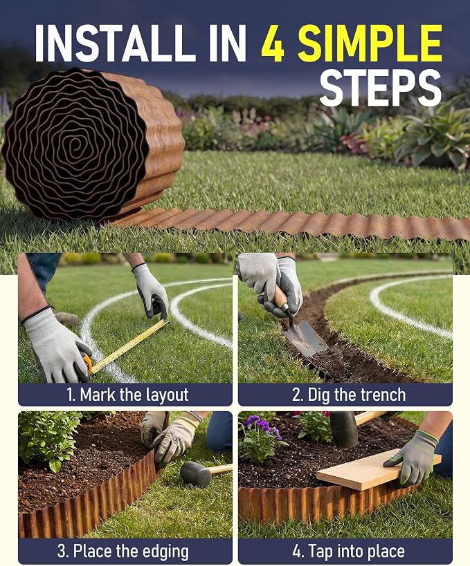 Corrugated Metal Garden Edging, 12"×50Ft Durable Landscape Border for Garden, Lawn, Flower Beds and Paver Edging (Rusty)