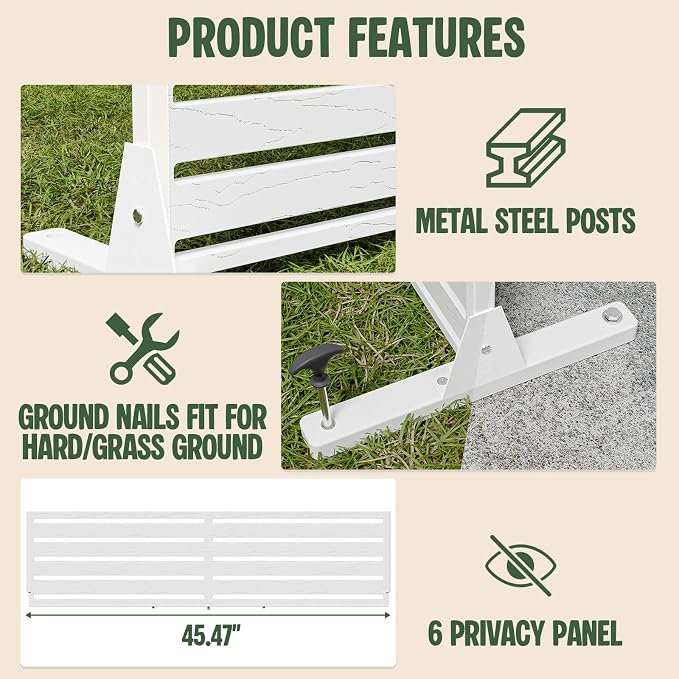 Outdoor Privacy Screen Panel 72" Freestanding Privacy Fence with Stand, HDPE Decorative Privacy Screens with Louvered 6 Panels, Weather-Resistant Panel Fence for Patio,Balcony,Pool, White